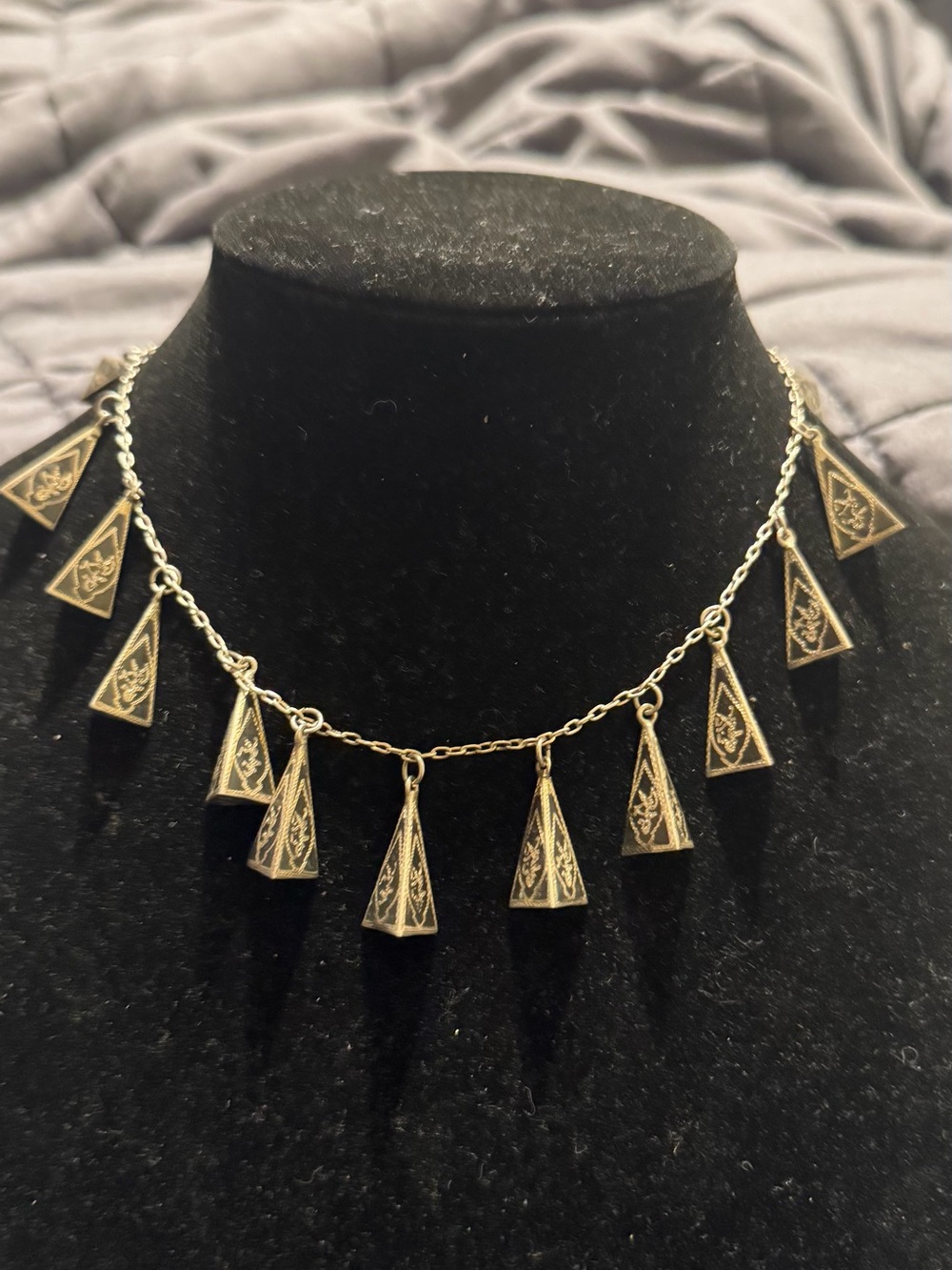 Vintage Siam Sterling Silver Necklace Black Niello Dancer Triangle Dangle 16”